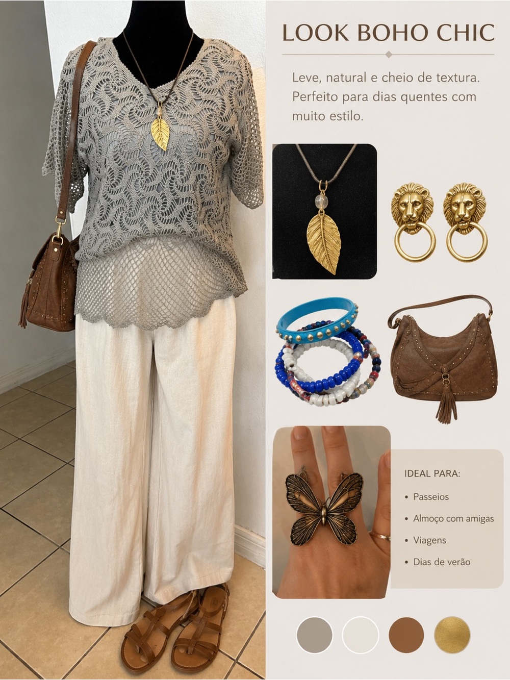 Boho Neutral Crochet Top & Wide Leg Linen Pants Outfit